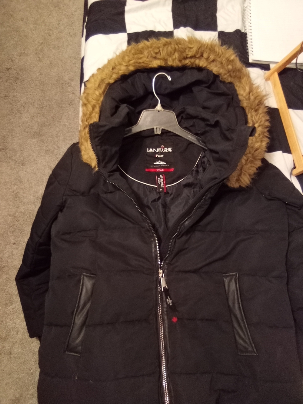 Laneige Women’s Black Puffer Coat with Faux Fur Trimmed Hood